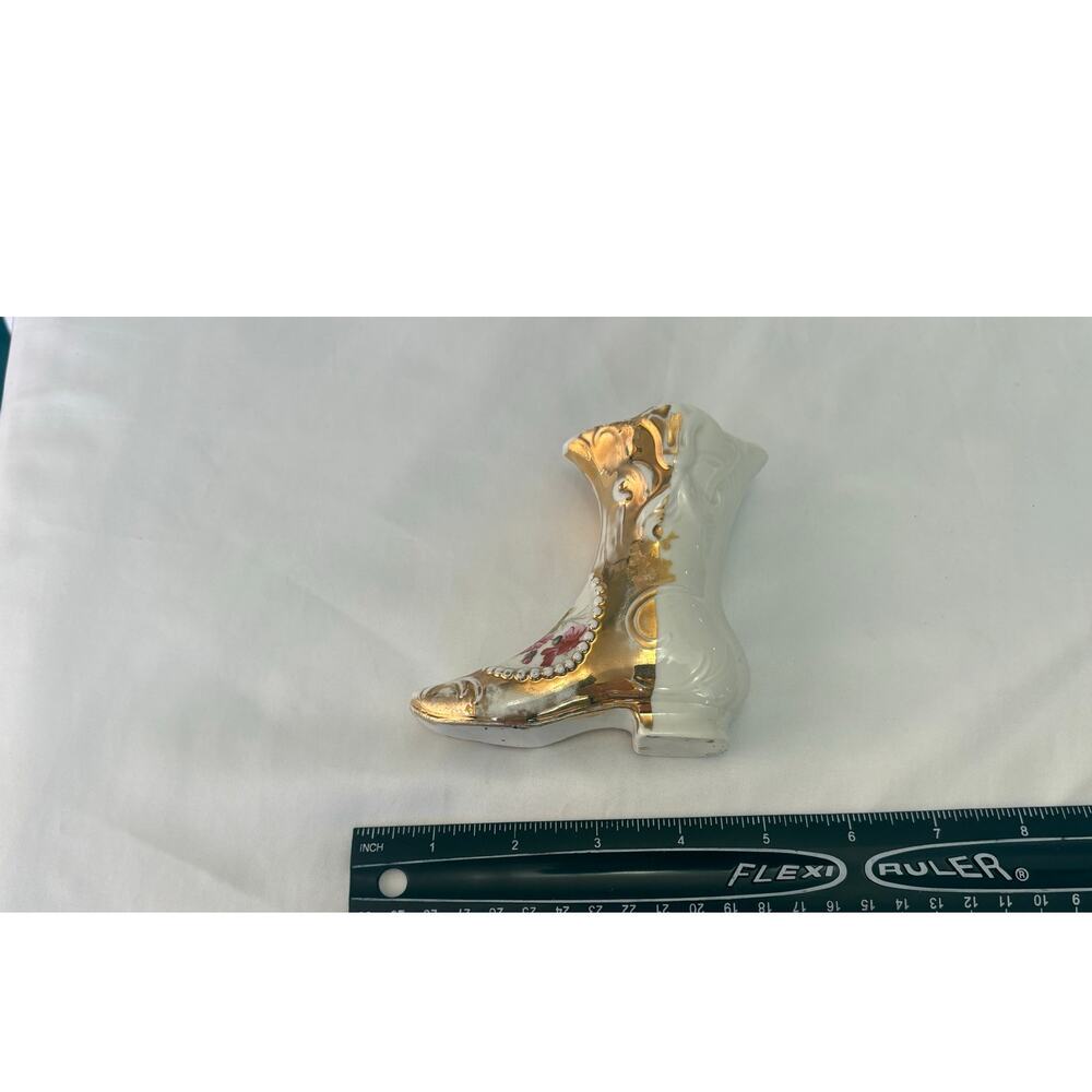 Vintage White Porcelain Shoe Figurine Gold Gilt Trim Floral Victorian Boot